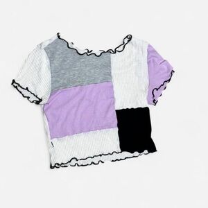 Patchwork Ruffle Trim Top - Purple, Gray, Black, White